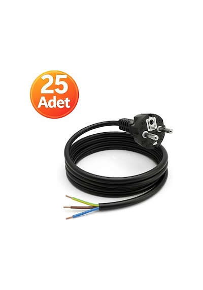 25 Adet - Açık Uç Güç Power Kablosu Fişli 3x0.75 Topraklı - 1 Metre