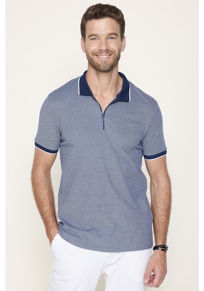 Tudors Erkek Slim Fit Dar Kesim Pamuklu Fermuarlı Lacivertvert Polo Yaka Tişört-27589-Lacivertvert Lacivert