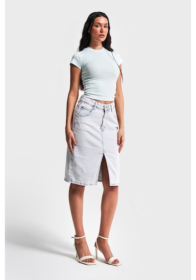 Itsbasic Kadın İce Kot Rengi Erica Esnek Kumaş Önden Yırtmaçlı Midi Boy Denim Etek Ice Rengi
