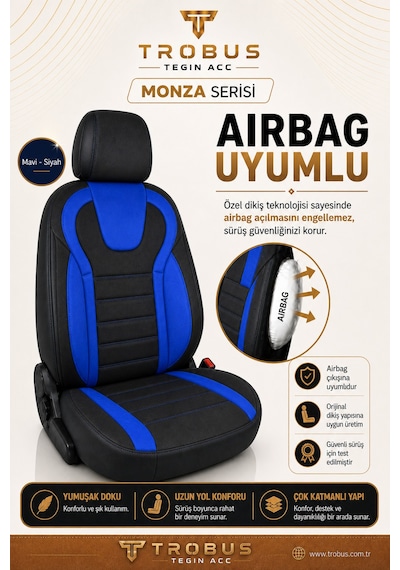 Volvo V40 2012-2019 Uyumlu Monza Serisi Siyah Mavi Oto Koltuk Kılıfı