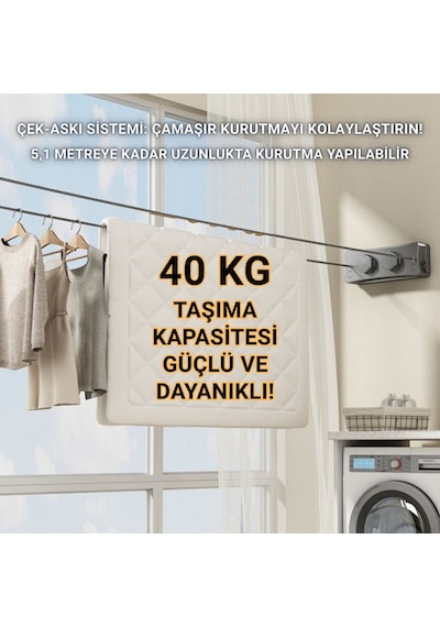 Polham 5.1 Metre Uzayabilir Çift Halatlı Çelik Dayanıklı Çek-bırak Çamaşır İpi, 40 Kg Taşıma Kapasiteli Gri