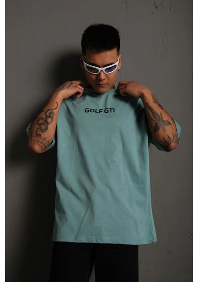 Barlashive Erkek Oversize Tişört Golf Gtı Retro Araba Baskılı T-shirt - Mint Yeşili Çok Renkli