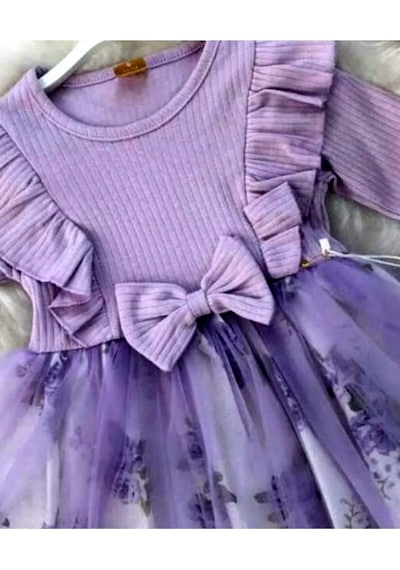 Retro Women Kız Çocuk Lila Mor Çiçekli Uzun Kollu Tütü Özel Gün Hediye Doğum Günü Abiye Prenses Şık Elbise Mor