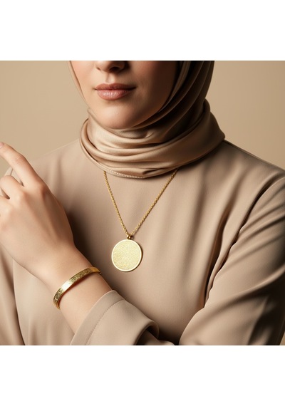 Hat Sanatı Ayetel Kürsi Kolye Ve Ayetel Kürsi Bileklik Seti Gold Çelik Altın