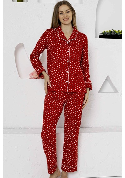 Alimer Kadın Kırmızı Kalpli Gömlek Yaka Pijama Takımı Edy2764uk-k Kırmızı