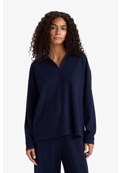 Defacto Relax Fit Polo Yaka Fitilli Kaşkorse Uzun Kollu Tişört F1007ax25aunv251 Lacivert