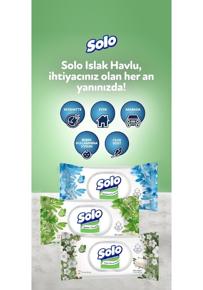 Solo Islak Havlu Beyaz Sabun Kokulu Paket 90 Yaprak 270 Yaprak Bebek Kullanımına Uygun 3'lü