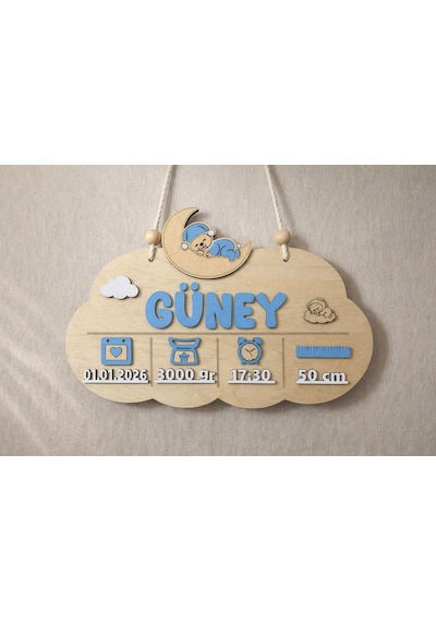 Kişiye Özel Ahşap Bebek Doğum Panosu İsim-doğum Tarihi - Kilo - Saat - Boy 20 x 30