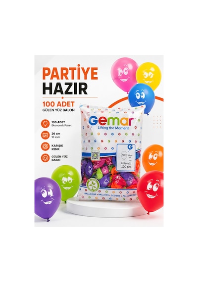 Gülen Yüz Baskılı Karışık Renk Balon 100 Adet 26 Cm 10 İnç Doğum Günü Parti Balonu Çok Renkli