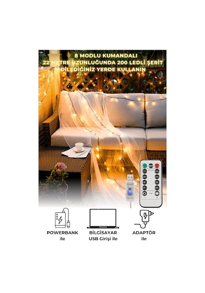 Technojet 200 Ledli Usbli Kumandalı 8 Modlu Şerit Led Işık Parti Süsleme Organizasyon