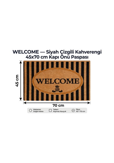 Coco Cc012a Welcome Desenli Çizgili Kalın Kaymaz Taban Nem Alıcı Şık Tasarım Kapı Önü Paspası 45x75 Bej