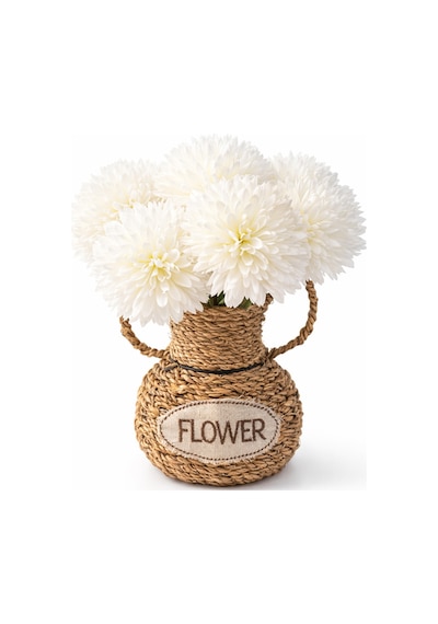 El Yapımı Vintage Tasarım Doğal Hasır Vazo,17 Cm,dekoratif Flower Yazılı Bohem Rattan Saksı,çiçeklik Bej