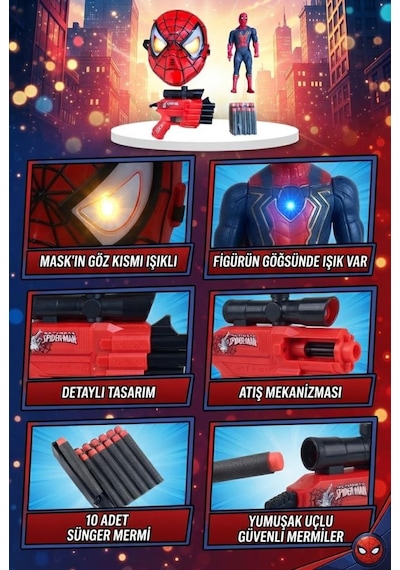 Spider-man Macera Seti Işıklı Maske 18 Cm Figür Ve Sünger Mermili Silah Oyuncak Seti