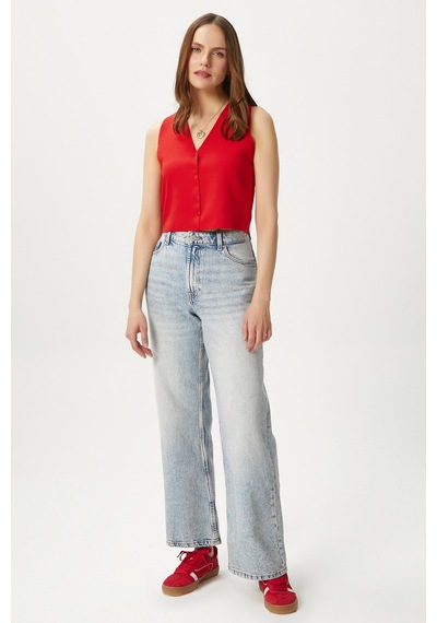 Ritnice Kadın Petite Çıtçıtlı Crop Kırmızı Triko Yelek Kırmızı