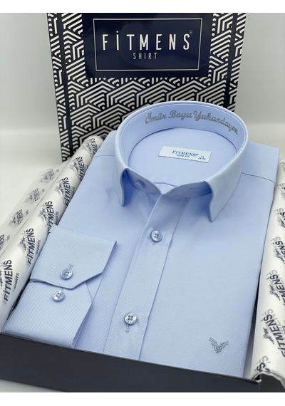 Slim Fit Uzun Kol Ömür Boyu Yakandayım Nakışlı Hediye Kutulu Erkek Gömlek Fs-001376 - Mavi-1786 MAVİ