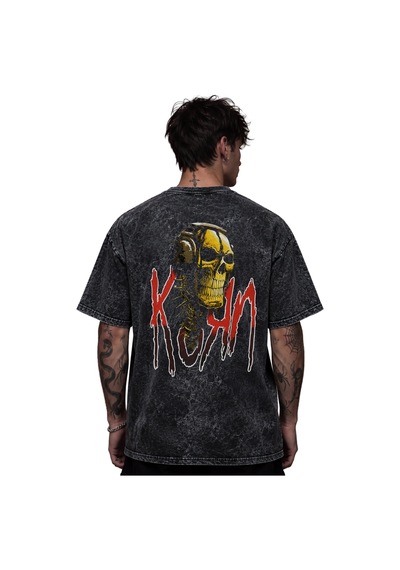 Korn Rock Metal Müzik Grubu Baskılı Unisex Oversize Eskitme Yıkam Siyah