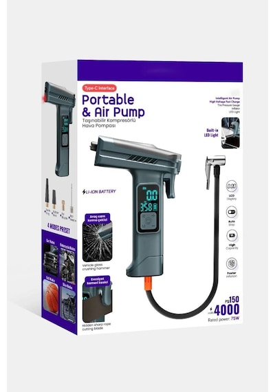 4000 Mah Taşınabilir Dijital Hava Kompresör Led Işık Şarjlı Lastik Pompa Kemer Kesici Araç Cam Kırma