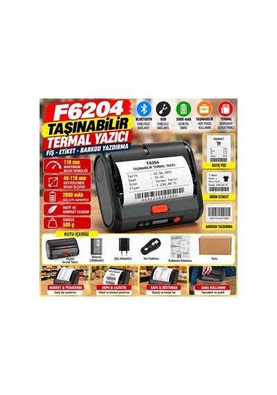 F6204 Taşınabilir Bluetooth Termal Yazıcı 110 Mm Geniş Baskı Şarjlı Kablosuz Fiş Etiket Ve