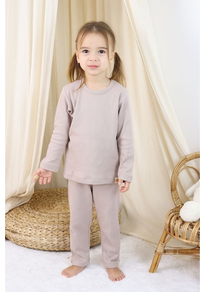Zuzunga Basic Fitilli İnterlok Kumaş Pamuk 1-5 Yaş Vizon Bebek Pijama Takımı