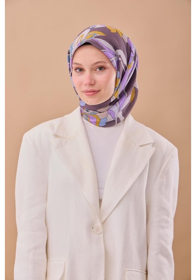Silk Home Olinda İpek Eşarp 47003-11 Füme, Yanık Sarı, Lila, Çelik Mavi