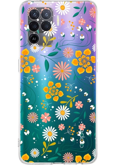 Oppo A94 Uyumlu Kamera Korumalı Çiçek Tasarımlı Şeffaf Kılıf Şeffaf