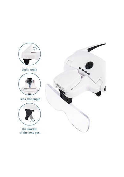 4 Led Işıklı Büyüteç, Kafa Bandı Büyüteci 5 Çıkarılabilir Lensli, 1 X, 1,5 X, 2 X, 2,5 X, 3,5 X Şarj E