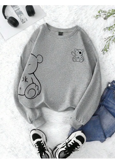 Ok Bear Sweatshirt - Gri Baskılı Oversize Kalın Kışlık Bisiklet Yaka Gri
