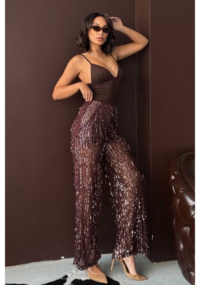 Verymoda Pullu Tül Pantolon F1611 Kahve