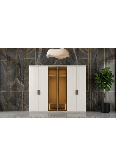 Ambiance Tamamı Mdf 6 Membranlı Kapaklı Reflekte Camlı Gardırop Dolap Beyaz