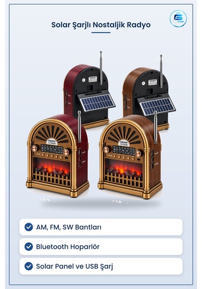 Solar Şarjlı Nostaljik Radyo Bluetooth Hoparlör Am Fm Sw Usb Type