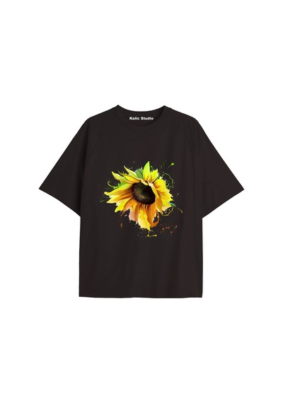 Kalic Studio Kadın Çiçek Özel Baskılı Renkli Oversize Penye Pamuklu Bisiklet Yaka T-shirt Siyah-24