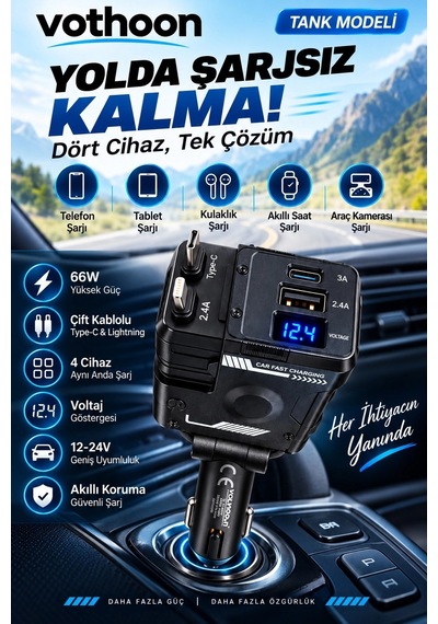 Tank Modeli 66w 4 Ü 1 Arada Çift Kablolu Araç İçi Çakmaklık Hızlı Şarj Aleti Voltaj Göstergeli