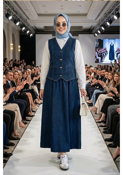 Hb Harma Time Butik Kadın Düğmeli Ve Cepli Kot Lacivert Tunik Etek İkili Takım