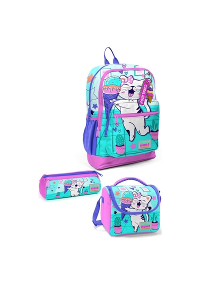 Coral High Kids Turkuaz Pembe Dondurmalı Kedi Desenli 3 Lü Okul Çanta Seti Set0123751 Çok Renkli