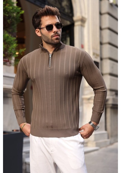 Madmext Açık Kahve Slim Fit Hakim Yaka Fermuarlı Erkek Triko Kazak E7518 Açık Kahverengi