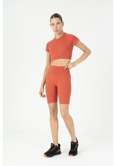 Maraton Slimfit Kadın Bisiklet Yaka Kiremit Crop Top Kiremit