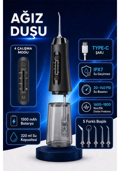 Şarjlı Ağız Duşu - 320ml Su Hazneli 5 Başlık 4 Çalışma Modlu Su Geçirmez Ağız Diş Dil Temizleyici Siyah