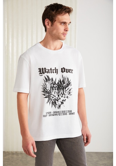 Grimelange Clıent Erkek %100 Organik Pamuklu Regular Fit Baskı Detaylı Bisiklet Yaka Örme Beyaz T-shirt