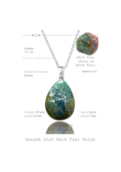 Erilsa Sertifikalı Damla Model Yosunlu Hint Akik Taşı Kolye Gümüş Apara Çok Renkli