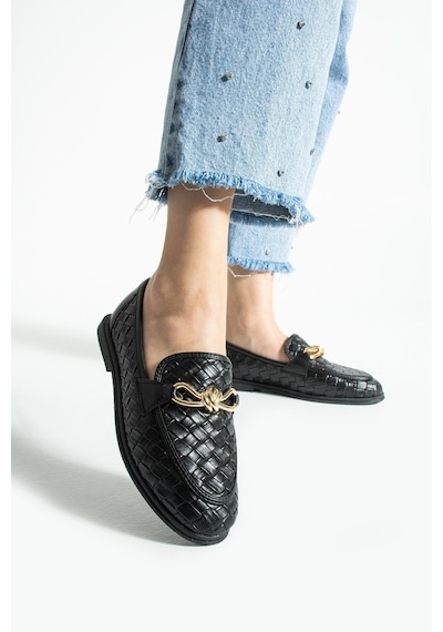Lebibe Shoes Maby Kadın Siyah Örgü Dokulu Zincir Detaylı Loafer Düz Ayakkabı Babet