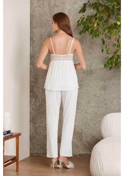 Pierre Cardin 2820 Kadın Ekru Dantelli Penye 3'lü Sabahlıklı Pijama Takım Ekru