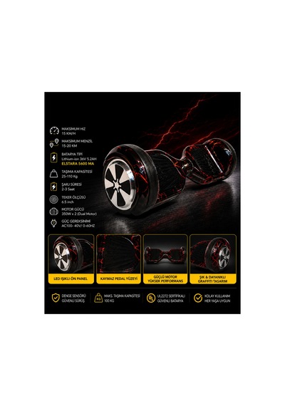 Hoverboard 6.5 İnç Led Işıklı Taşıma Kollu 36v 5.2ah Elektrikli Kaykay Kırmızı