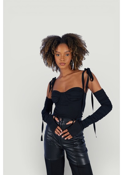 Holly Lolly Çıkarılabilir Kollu Fiyonk Bağlamalı Ribbon Bodysuit Siyah