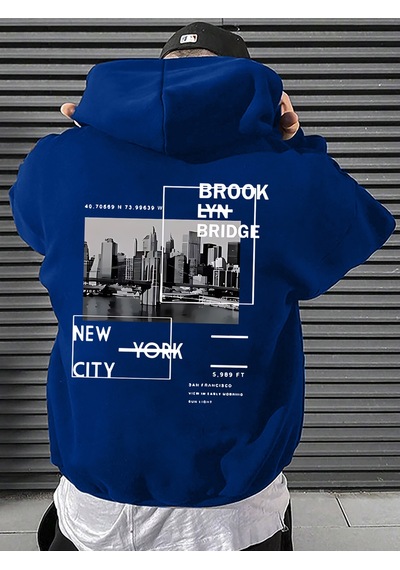 Uyguntarz Unisex Brooklyn Bridge Baskılı Oversize Sweatshirt Mavi