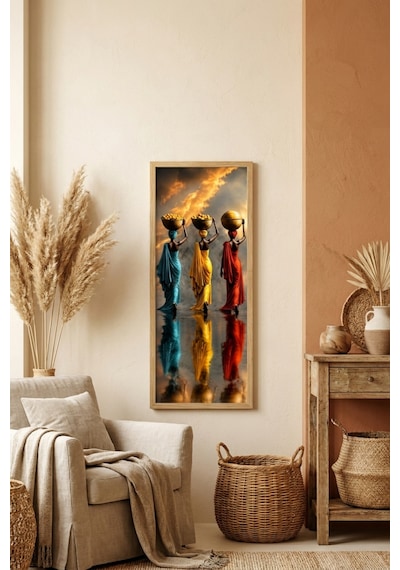 Sepet Taşıyan Afrikalı Kadınlar Çerçeveli Dekoratif Tablo 25x60 Cm Dikey Duvar Tablosu Salon Yatak Odası Ofis Dekoru
