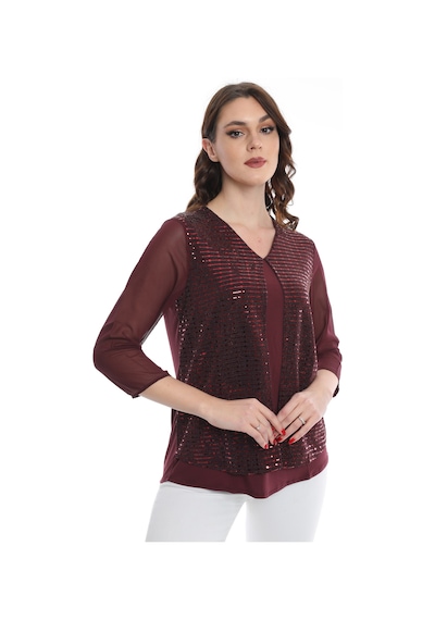 Ella Camelia Kadın Kolları Tül Detaylı Bluz 19E040 Bordo
