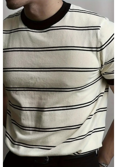 Tarz Cool Erkek Çizgi Detaylı Slim Fit Bisiklet Yaka Triko T-shirt Beyaz