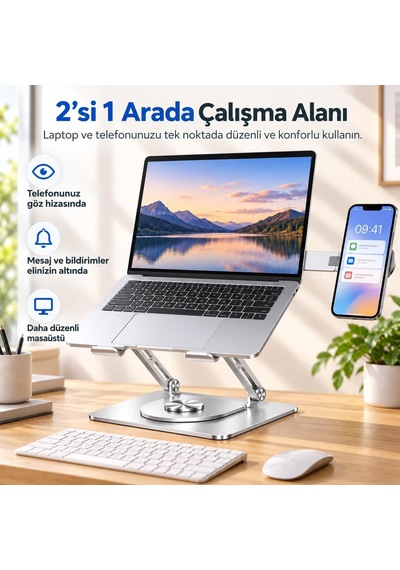 2'si 1 Arada Laptop Standı, Karbon Çelik 360 Döner Yükseklik Ayarlı, Gizlenebilir Magsafe Uyumlu Telefon Tutuculu Notebook Standı, Macbook Uyumlu, 17.3 İnçe Kadar Gümüş