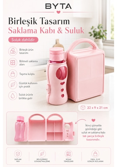 Suluklu Beslenme Kabı Seti 2'li Çocuk Beslenme Kutusu, Bpa İçermez, Pembe