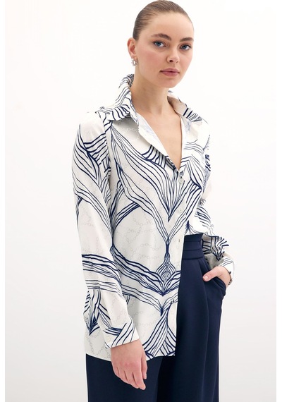 Sateen Desenli Saten Gömlek - Sax Mavi-135862 Sax Mavi Saks Mavisi